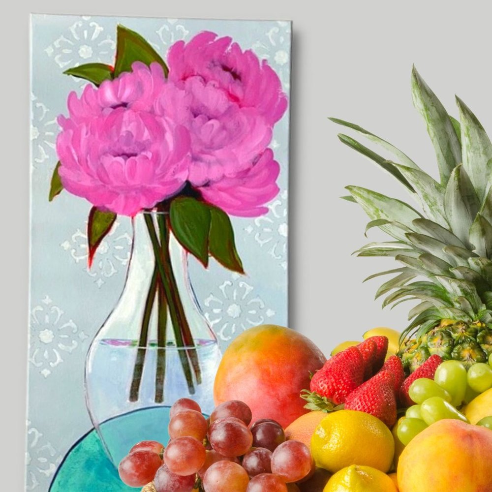 Abstract pink floral still life in acrylics on stretched canvas. Wall art.